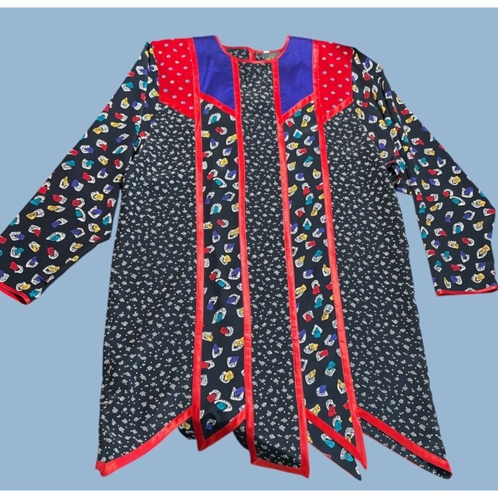 VTG Shepherds Australia Tunic Blouse Top Sz S Black Red Print Arty Whimsy Unique